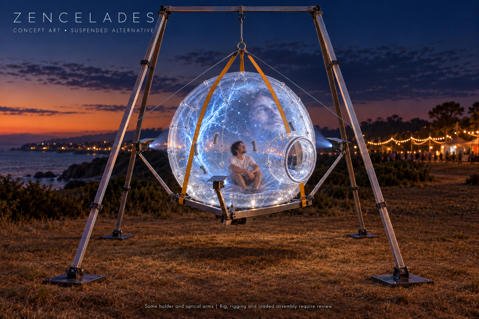Concept art: the same sphere and triangle hung from a freestanding aerial rig by webbing straps over the sphere